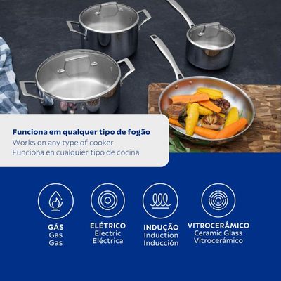 Jogo de Panelas Inox Tramontina 4 Peças Grano Glass Corpo Triplo Tampa Vidro Indução