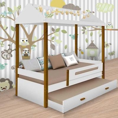 Cama Casa Solteiro Sara Branca Com Led, Auxiliar E 02 Colchões