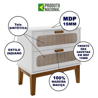 Mesa De Cabeceira Quarto 2 Gavetas Santorini 60 Cm Com Telinha Indiana Branco