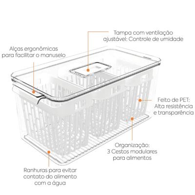 Kit 2 Organizadores de Geladeira 6l Com 6 Cestos Plásticos Frutas Dry Coza Grande Cozinha