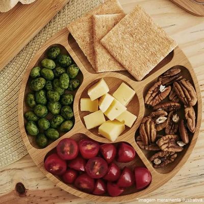 Petisqueira de Bambu 5 Divisórias 25cm Lyor Round Aperitivos Tábua Redonda Servir Petiscos