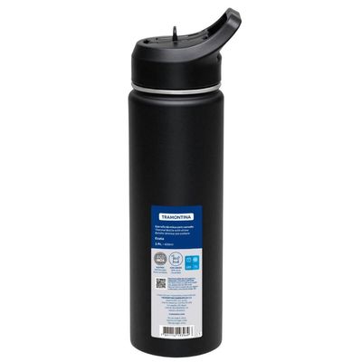 Garrafa Térmica com Canudo 650ml Preta Tramontina Squeeze Aço Parede Dupla Gelado