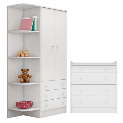 Conjunto Doce Sonho Branco Cômoda Doce Sonho 4 Gaveteiros + Guarda-roupa Doce Sonho 2 Portas
