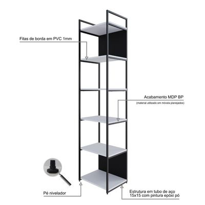 Estante Alta C/06 Prateleiras 185x45x33cm C/fundo Yon Branco Tx/est.preta Branco Tx/est.preta
