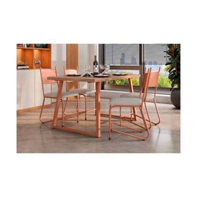 Conjunto de Mesa de Jantar 4 Cadeiras Fabone Atlanta Aço Carbono Estofadas Corano Retangular 136x80 Cobre
