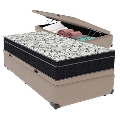 Cama Box Baú Bege E Colchão Airtech 150 Espuma D45 Solteiro Ortobom