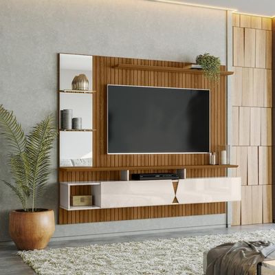 Painel Intense P- Tvs Até 55'' C- Gaveteiros E Prateleiras Suporte Para Itens - Freijo Ripado-off White Perolizado
