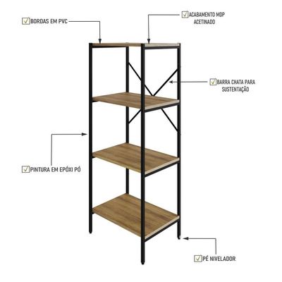 Estante C/04 Prateleiras 118x45x33cm Tub Tueh1144 Lâmina Mel - Est.preta Lâmina Mel / Est.preta