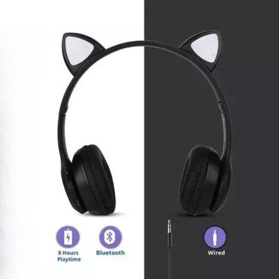 Fone Sem Fio Preto Dobrável Bluetooth Orelha Gatinho Led
