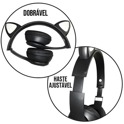 Fone Sem Fio Preto Dobrável Bluetooth Orelha Gatinho Led