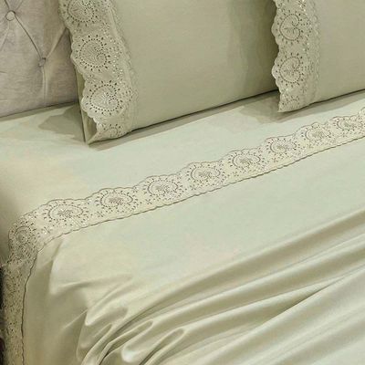 Jogo De Cama Lençol Bella Queen 4 Peças Micropercal 300 Fios Bordado Inglês Macio Bege 100% Poliéster