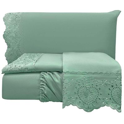 Jogo De Cama Lençol Bella King 4 Peças Micropercal 300 Fios Bordado Inglês Macio Verde 100% Poliéster