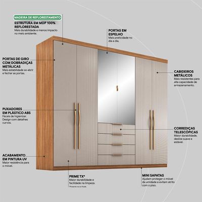 Guarda-Roupa Casal com Espelho Giardino 6 PT 4 GV Amêndola e Nude