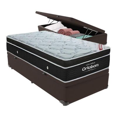 Cama Box Baú Solteiro Colchão Ortobom Elegant Mola Ensacada Marrom
