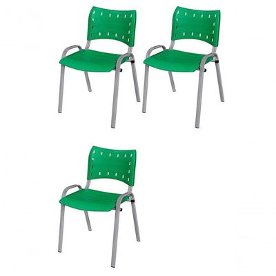 Cadeira Iso Base Cinza, Igreja, Escola, Escritório - Verde Kit 3 Peças