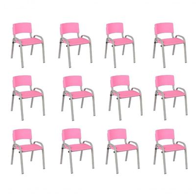 Kit 12 Cadeira Iso Infantil Creche, Escola Base Cinza Rosa