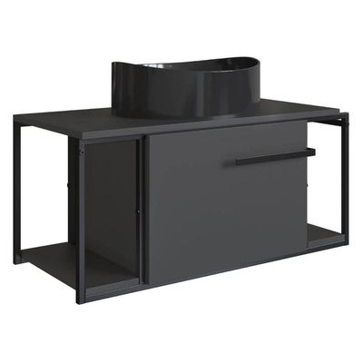 Gabinete Suspenso Para Banheiro 80cm P1019 Grafite com Cuba Berlin Preta