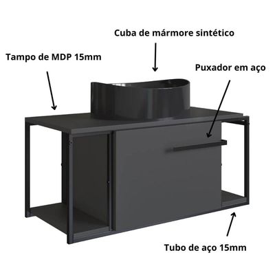 Gabinete Suspenso Para Banheiro 80cm P1019 Grafite com Cuba Berlin Preta