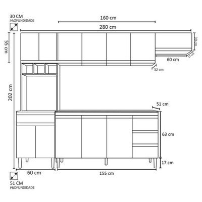 Cozinha Modulada 2,80m Andréia 12 Portas 4 Gavetas Com Balcão Amêndoa/Preto