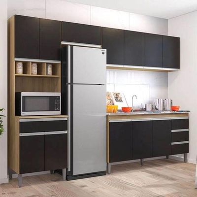 Cozinha Modulada 2,80m Andréia 12 Portas 4 Gavetas Com Balcão Amêndoa/Preto