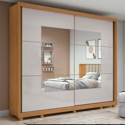 Guarda-roupa Casal 100% Mdf 2 Portas 6 Gavetas Easy Max Com Espelho E Pés Amendoa/off White