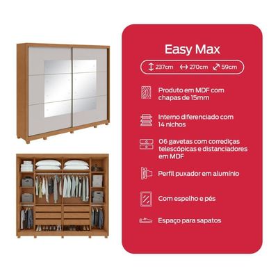 Guarda-roupa Casal 100% Mdf 2 Portas 6 Gavetas Easy Max Com Espelho E Pés Amendoa/off White