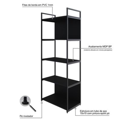 Estante C/05 Prateleiras 152x60x33cm C/fundo Yon Preto Tx/est.preta Preto Tx/est.preta