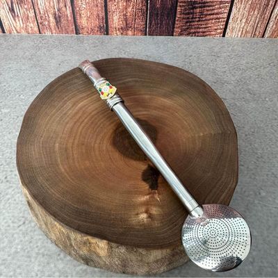 Bomba de Chimarrão Inox Anel Rosca 24cm Mil Furos Brasão RS Bortonaggio