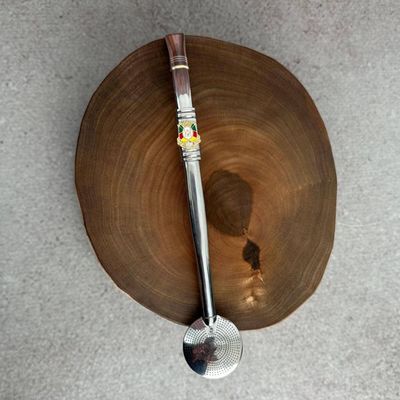 Bomba de Chimarrão Inox Anel Rosca 24cm Mil Furos Brasão RS Bortonaggio