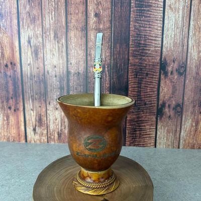 Bomba de Chimarrão Inox Anel Rosca 24cm Mil Furos Brasão RS Bortonaggio