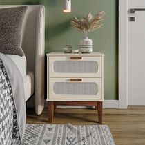 Mesa De Cabeceira Classica Criado Industrial Mdf Santorini 45 Cm Com Tela Indiana Off White
