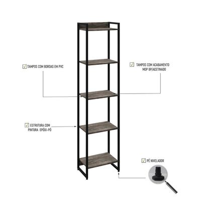 Estante Dynamica 45x30x187cm C/05 Prateleiras Carvalho Dark / Est.preta Carvalho Dark / Est.preta