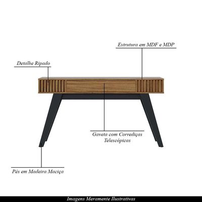Aparador Decorativo 136cm Ripado com Gaveta Itacaré Noce/Preto G73 - Gran Belo