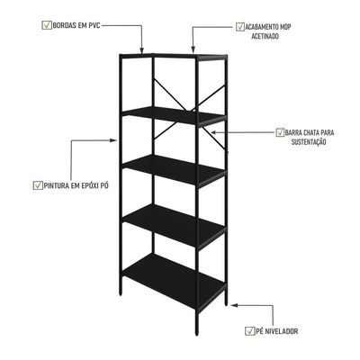 Estante C/05 Prateleiras 152x60x33cm Tub Tueh1565 Preto ônix - Est.preta Preto ônix / Est.preta