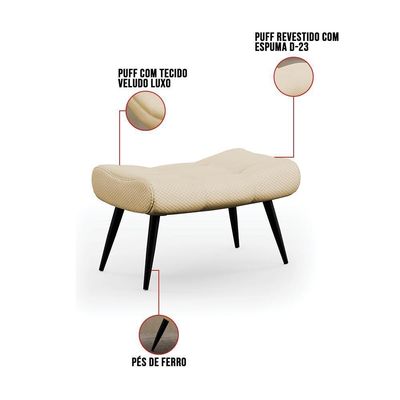 Kit 2 Puffs Decorativos Para Sala De Estar Pés Palito Lord Veludo Luxo Off White - Ibiza