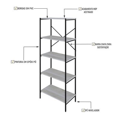 Estante C/05 Prateleiras 152x60x33cm Tub Tueh1565 Snow - Est.preta Snow / Est.preta