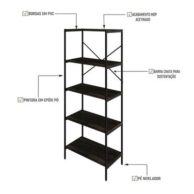 Estante C/05 Prateleiras 152x60x33cm Tub Tueh1565 Carvalho Dark - Est.preta Carvalho Dark / Est.preta