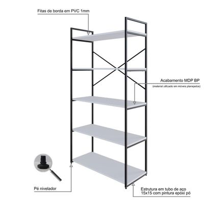 Estante C/05 Prateleiras 152x80x33cm Yon Branco Tx/est.preta Branco Tx/est.preta