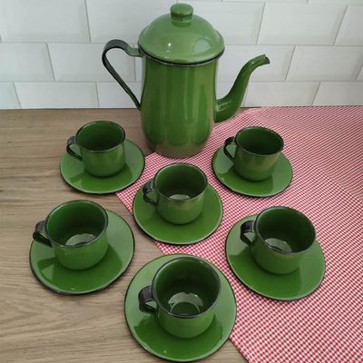 Kit Bule De Café E Chá Com 6 Xícaras e Pires Aço Esmaltado Verde