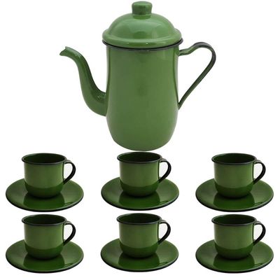 Kit Bule De Café E Chá Com 6 Xícaras e Pires Aço Esmaltado Verde