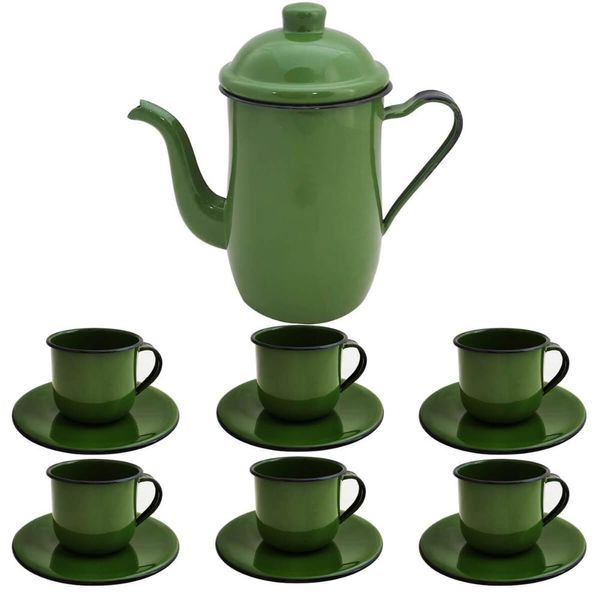 Kit Bule De Café E Chá Com 6 Xícaras e Pires Aço Esmaltado Verde