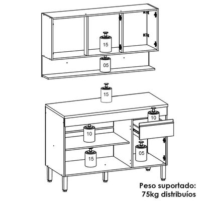 Balcão Com Tampo E Armário Aéreo 120 Cm Line Ktp Supremo Cp Freijo