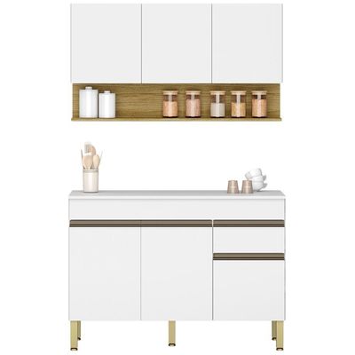 Balcão Com Tampo E Armário Aéreo 120 Cm Line Ktp Supremo Cp Freijo
