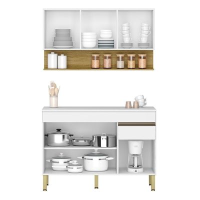 Balcão Com Tampo E Armário Aéreo 120 Cm Line Ktp Supremo Cp Freijo