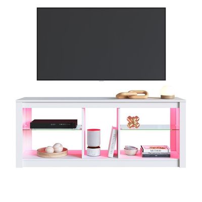 Rack Para Tv Até 55 Polegadas Estilo Gamer Com 2 Prateleiras Em Vidro E Iluminação Em Led Rgb Branco