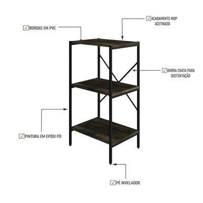 Estante C/03 Prateleiras 84x45x33cm Tub Tueh843 Carvalho Dark - Est.preta Carvalho Dark / Est.preta