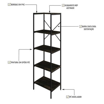 Estante C/05 Prateleiras 152x45x33cm Tub Tueh1545 Carvalho Dark - Est.preta Carvalho Dark / Est.preta