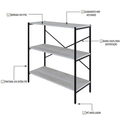 Estante C/03 Prateleiras 84x80x33cm Tub Tueh883 Snow - Est.preta Snow / Est.preta
