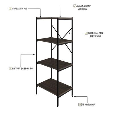 Estante C/04 Prateleiras 118x45x33cm Tub Tueh1144 Nogal - Est.preta Nogal / Est.preta