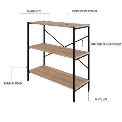 Estante C/03 Prateleiras 84x80x33cm Tub Tueh883 Lâmina Mel - Est.preta Lâmina Mel / Est.preta
